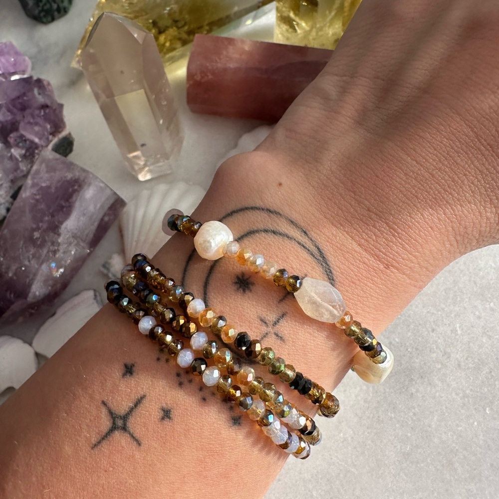 Pearls + Moonstone Brown Earth-tones Faceted Beaded Bracelet Stack